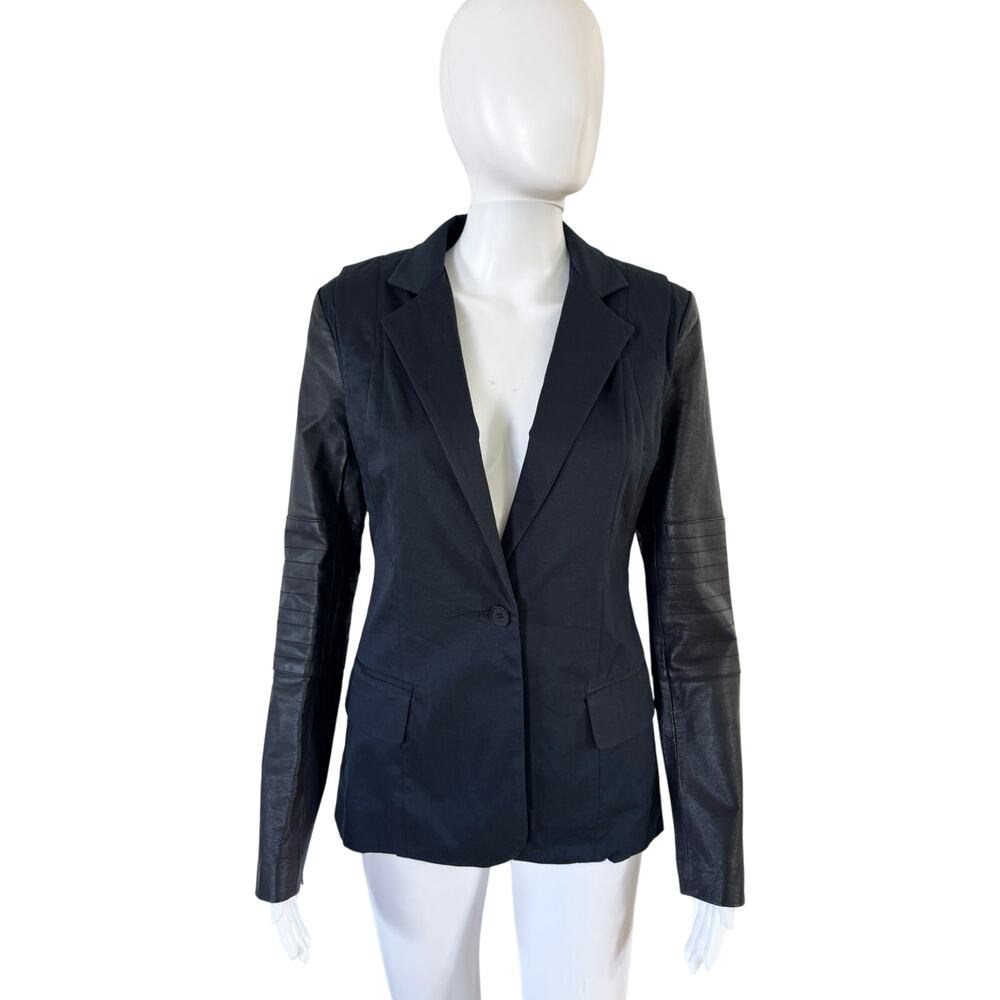 Cut25 Yigal Azrouel Navy Black Leather Sleeve Blazer 0 Extra Small XS